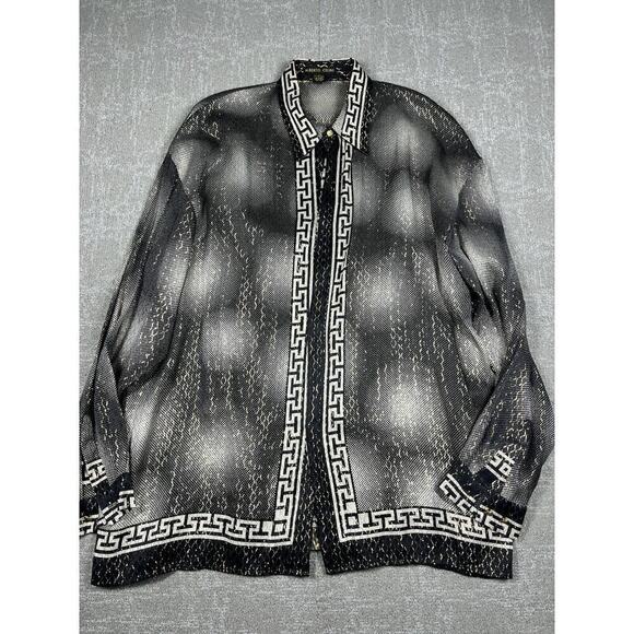 Alberto Celini Greek Key Button Down Designer Silk Metallic...